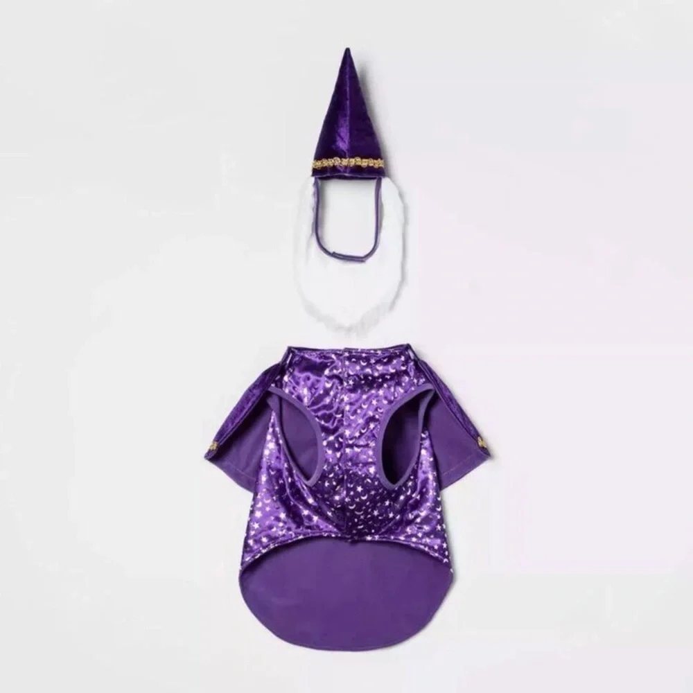 2pc Dog Wizard Costume Purple Velvet Hat Beard Size M Halloween